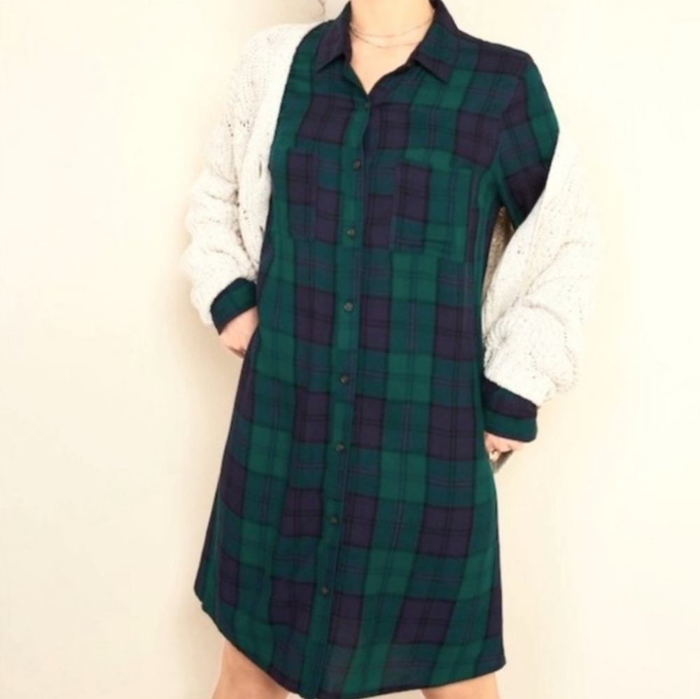 NWT Old Navy Women's Small BLUE/GREEN Plaid TWILL Button Down Shirt Dress